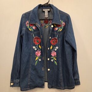 Indigo Moon Floral Embroidered Denim Button Down Shirt Small